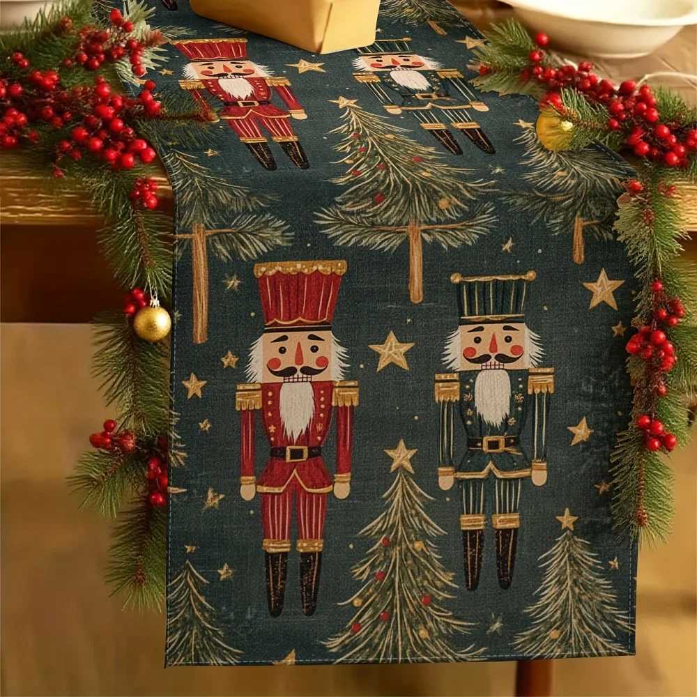 1pc Christmas Table Runner - Nutcracker Soldier Design with Red and Golden Decorations Easy-to-Clean Christmas Table Decoration H251110-image-1083976757
