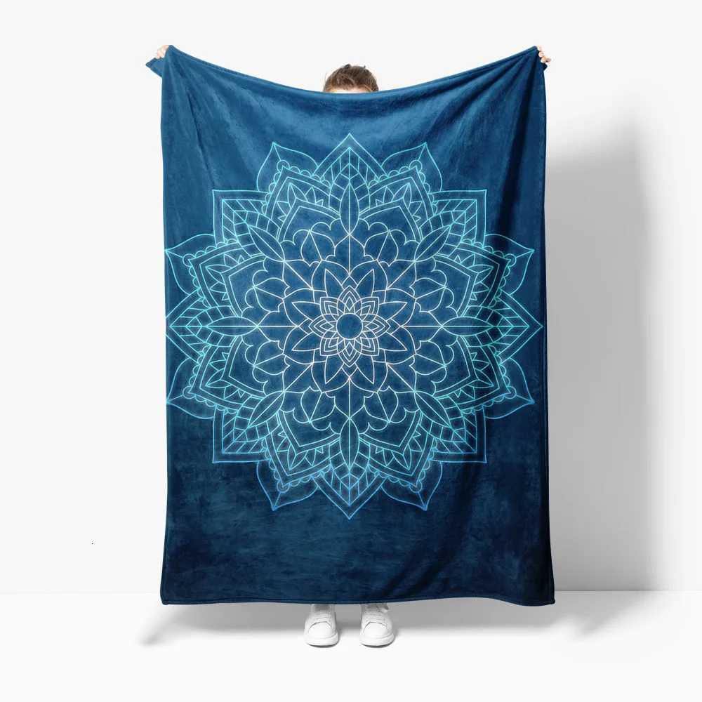 Dark Blue Fleece Blanket with Glowing Line Mandala Pattern Cozy Throw Blanket for Sofa Bed Travel GiftW251107-image-1083907160
