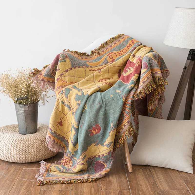 World map Cotton Bohemian Plaids Home Blanket Knitted Dustproof Sofa Cover Blanket Anti-Slip Decorative Blankets For Tea TableW251107-image-1083909885