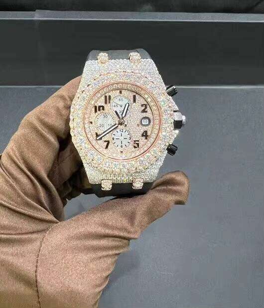 VVS Moissanite Two-Tone Rose Gold Stainless Steel Belt Luxury Hip-Hop Antique Style 46mm Analog Quartz Glass