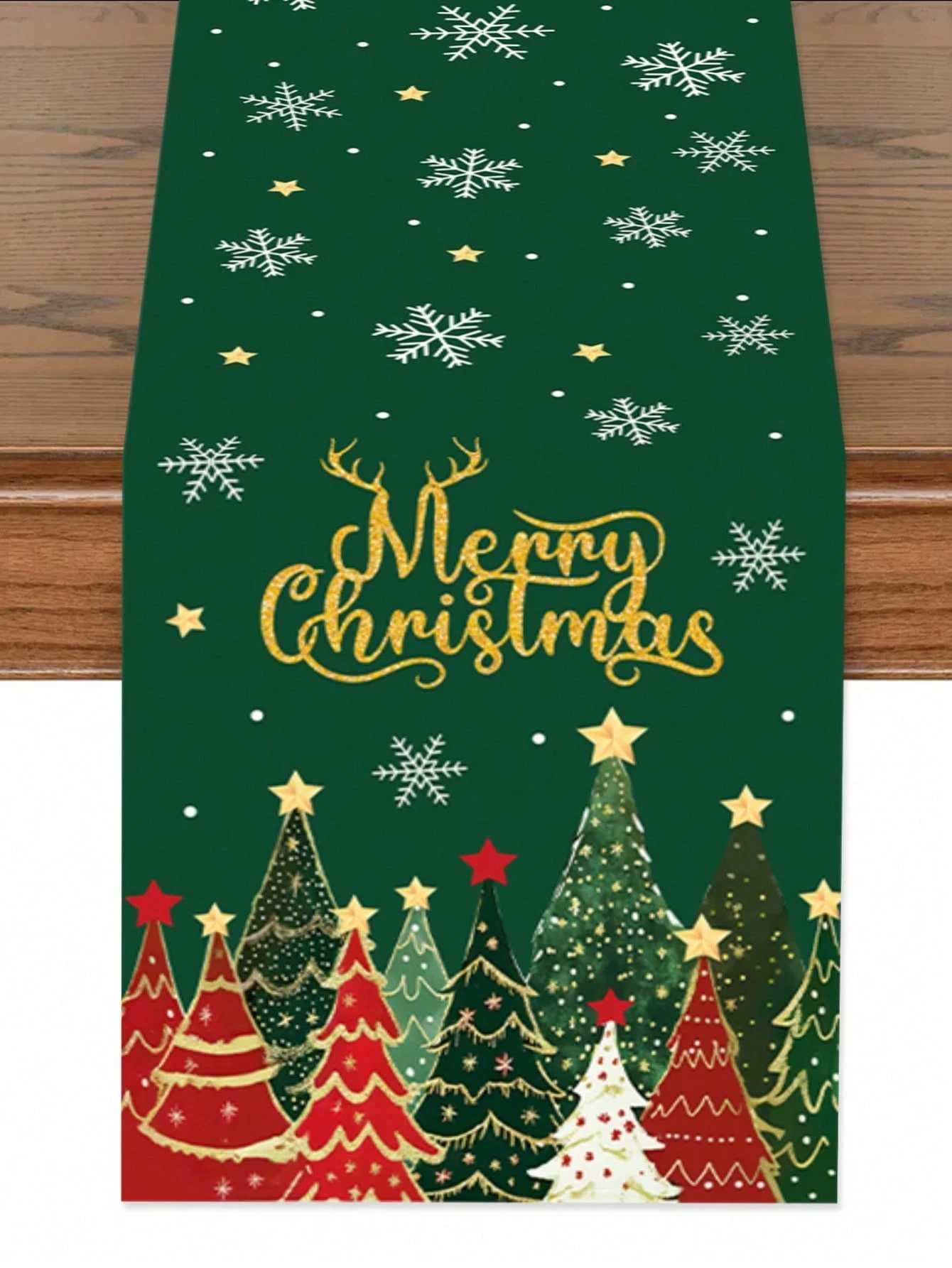 Christmas Tree Table Runner Merry Christmas Snowflake Pattern Festive Green Holiday He Decor For Dining Table Christmas Party H251110-image-1083975863