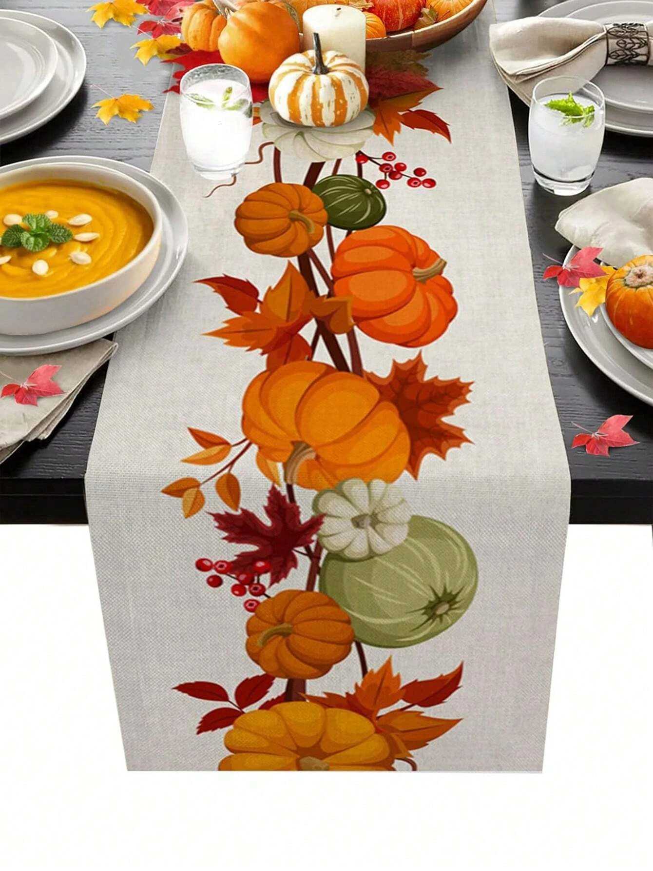 1pc Festive Fall Table Runner Mtiple Sizes 2D Print Pumpkin Leaf Pattern Table Decor Present Warm Seasonal H251110-image-1083975615