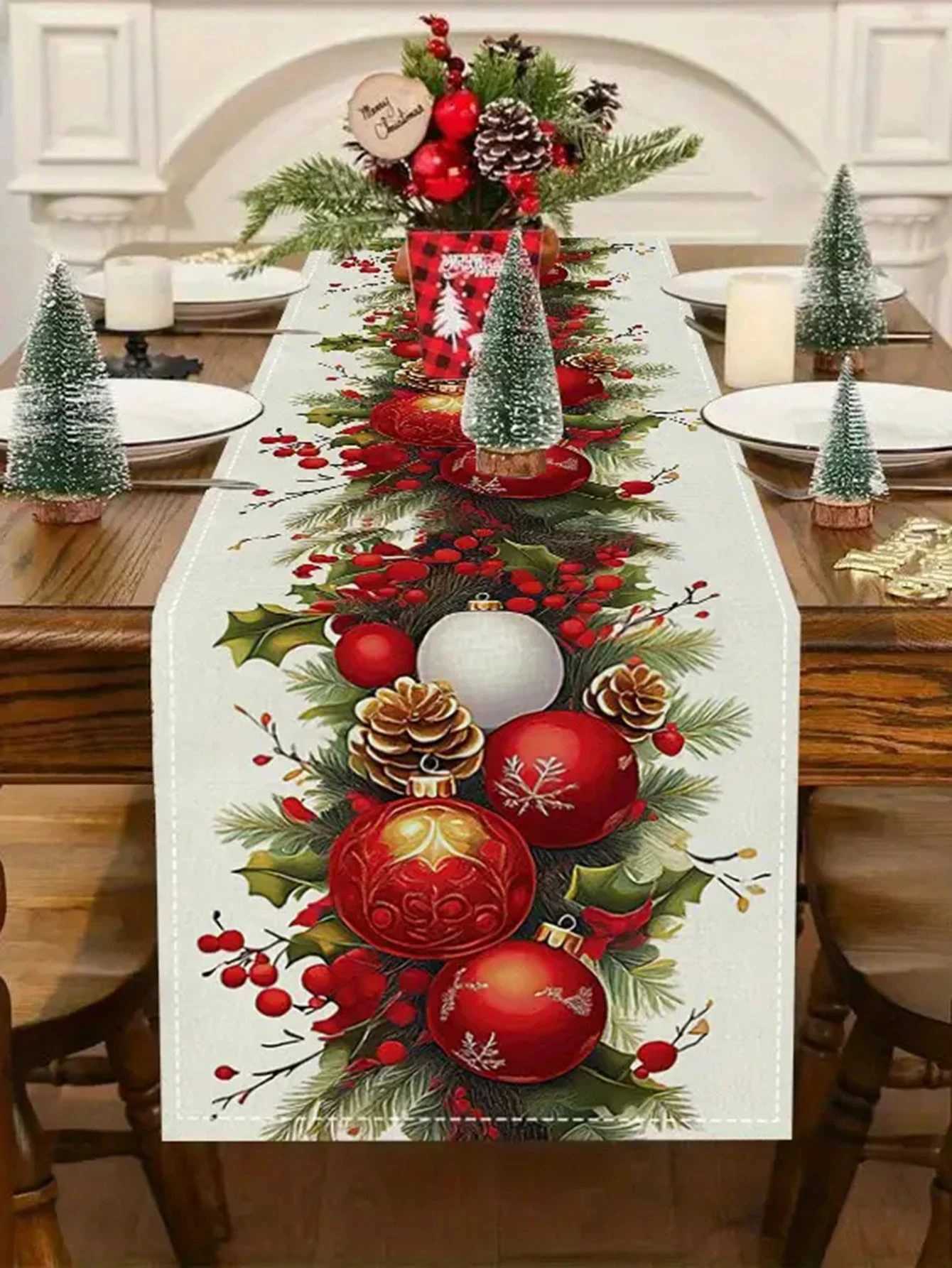 1pc Festive Christmas Ornament Table Runner Red Bauble Holly Berry Design Essential for Xmas He Decor Dining H251110-image-1083976161
