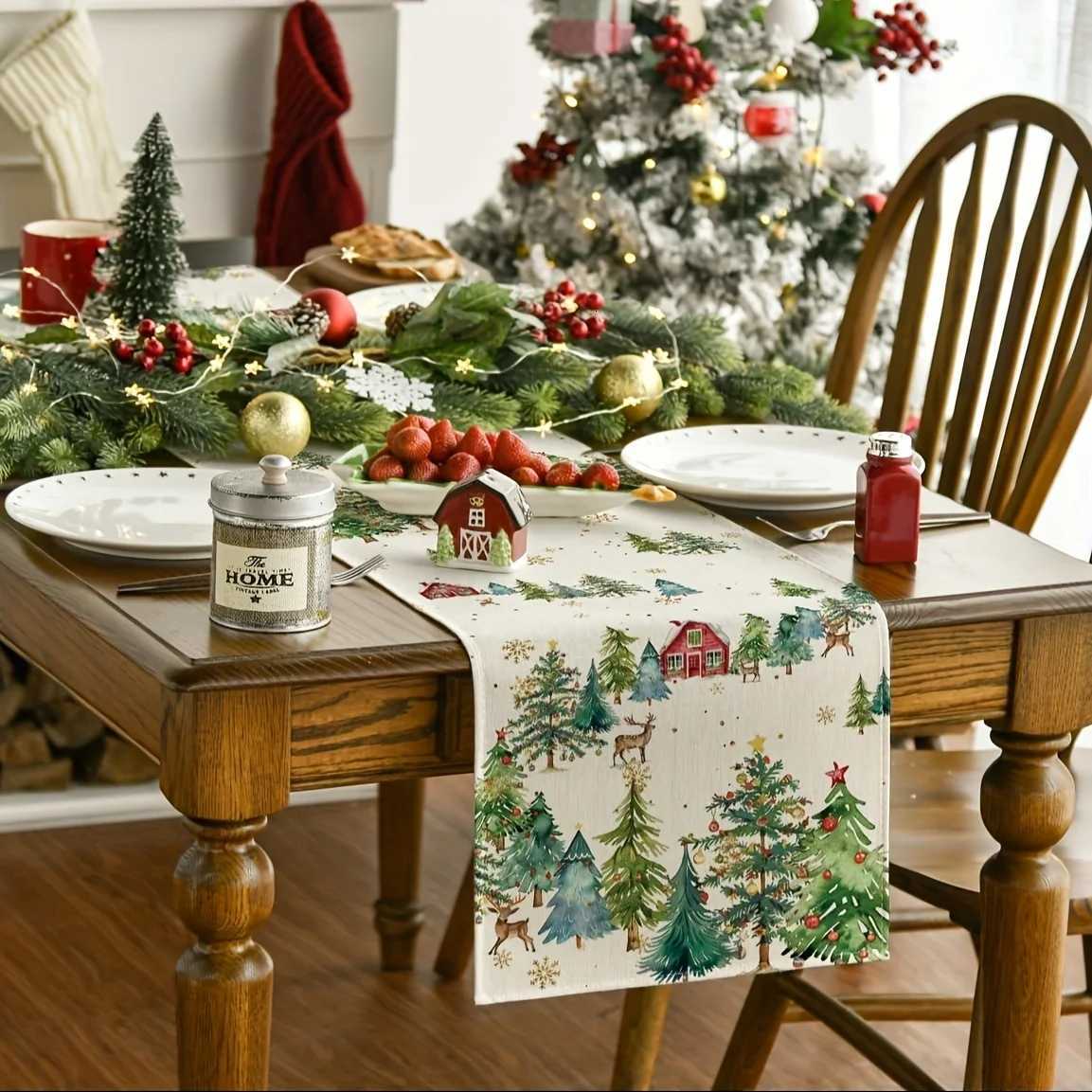 1pc Christmas Forest Deer Cabin Table Runner Autumn Winter Festive Dining Table Decor for He Party Holiday Meals H251110-image-1083978853
