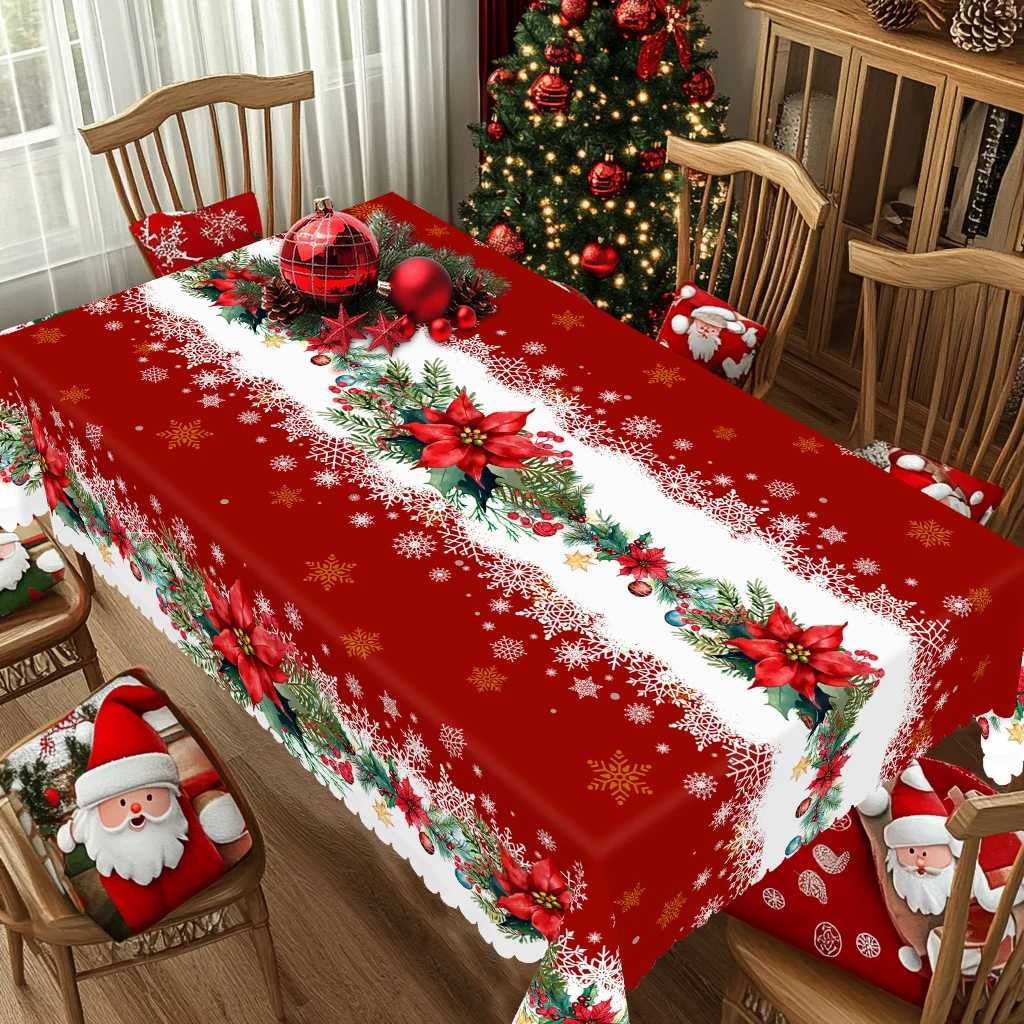 1 Piece of Red Merry Christmas Themed Printed Tablecloth Retro Country Farmhouse Style Christmas Flower Snowflake Pattern Design Suitable for Chr-image-1084045982