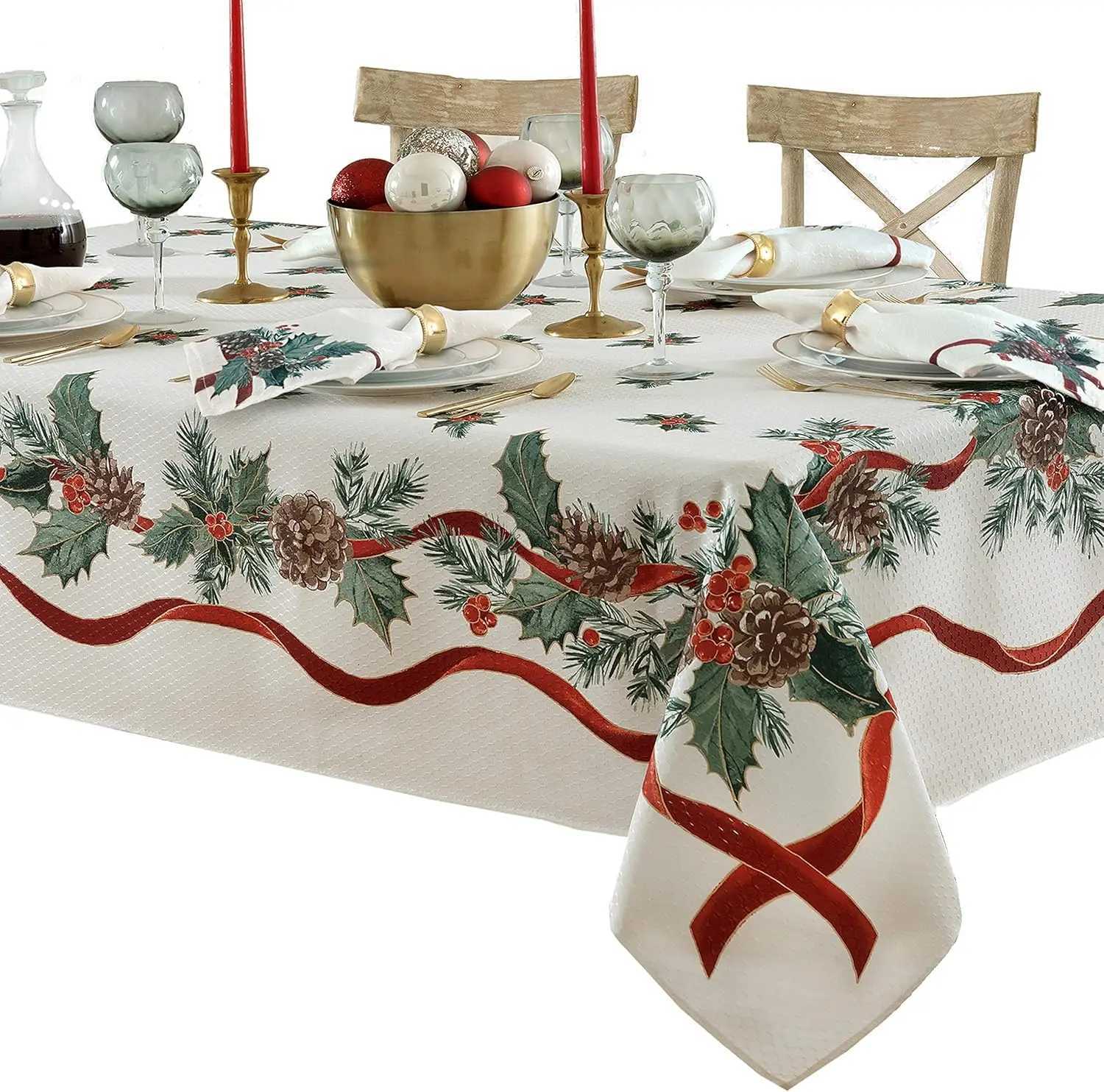Christmas Holly Pine Needle Waterproof Tablecloth Table Decor Winter Xmas Holiday Kitchen Dining Tablecloth Christmas Decoration H251110-image-1083976712