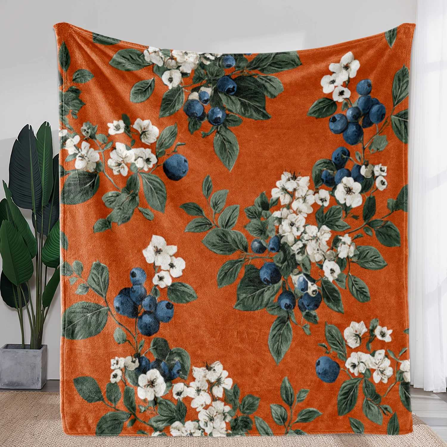 1pc Zeal Lily Vintage Floral Throw Blanket - Soft Flannel All-Season Warmth Cozy Orange Navy Blue with White Flowers GreenW251107-image-1083903804