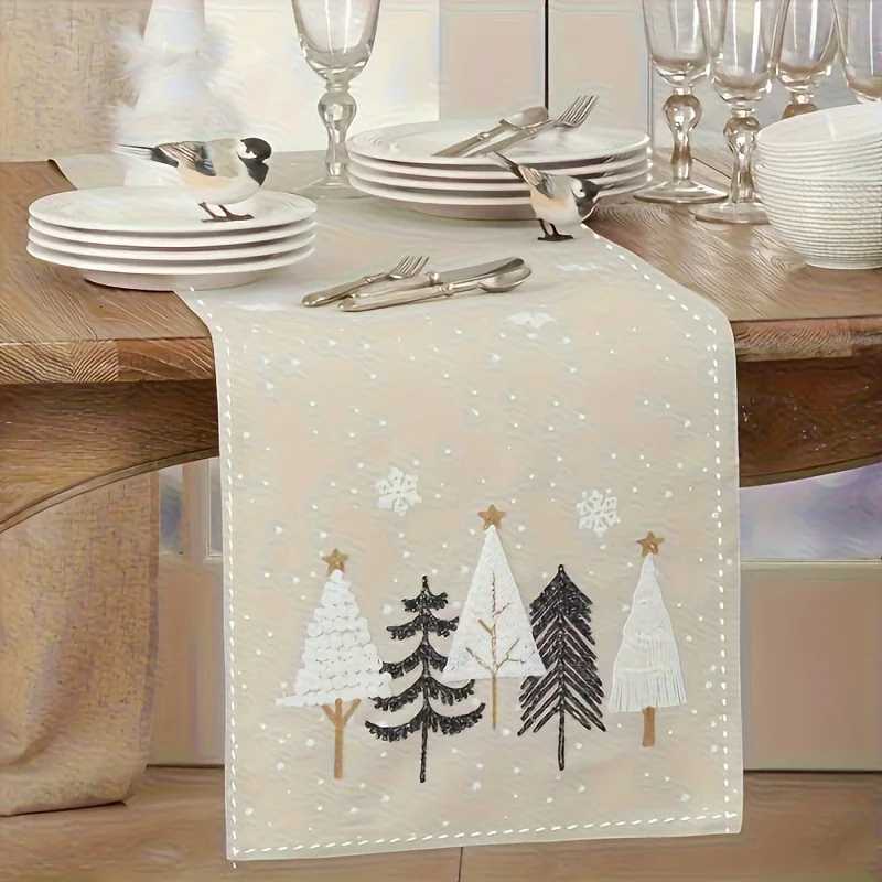 Christmas Table Runner - Beige and brown winter scene with pine trees snowflakes and stars Festive Christmas table decorations H251110-image-1083976396