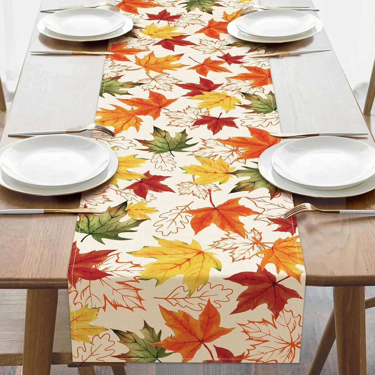 Fall Watercolor Maple Leaves Linen Table Runner for Table Decoration Autumn Thanksgiving Theme Table Runners Kitchen Party Decor H251110-image-1083975662