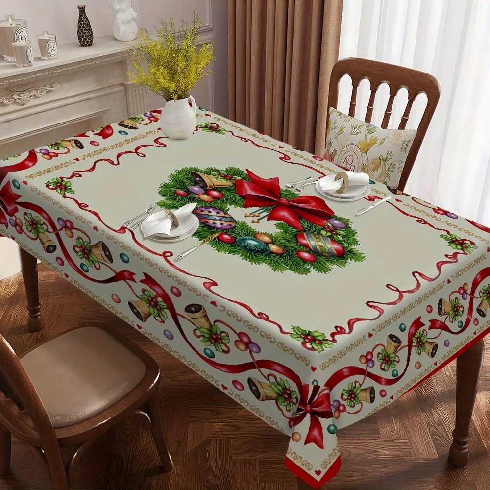 Christmas Pine Needle Red Bow Rectangle Tablecloth Winter Xmas Holiday Party Dining Ro Table Cloths Navidad Decorations 2025 H251110-image-1083977173