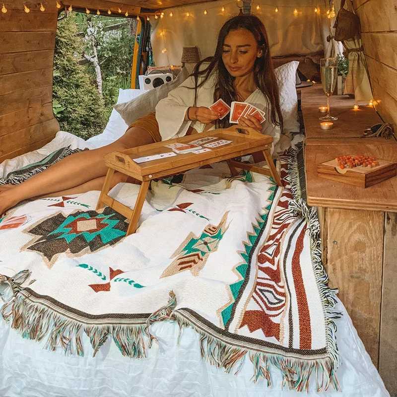 Tribal Blankets Indian Outdoor Rugs Camping Picnic Blanket Boho Decorative Bed Blankets Plaid Sofa Mats Travel Rug Tassels LinenW251107-image-1083908690