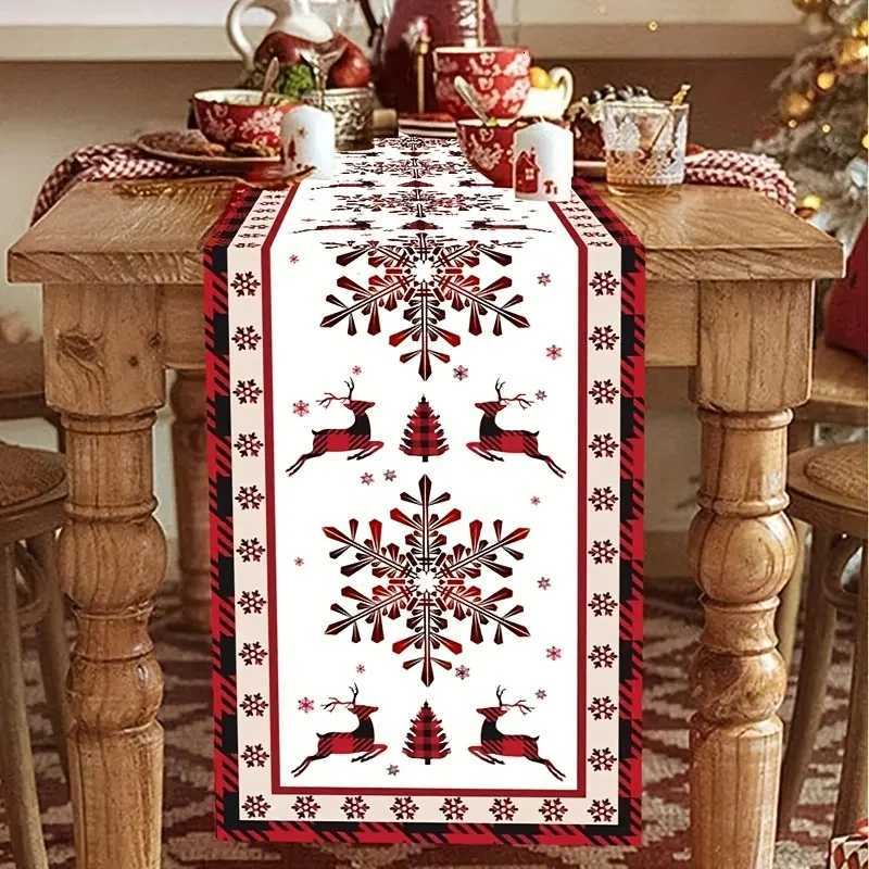 1pc Christmas Snowflake Deer Table Runner Red and White Plaid Xmas Table Decor for He Party Holiday Gift H251110-image-1083975873