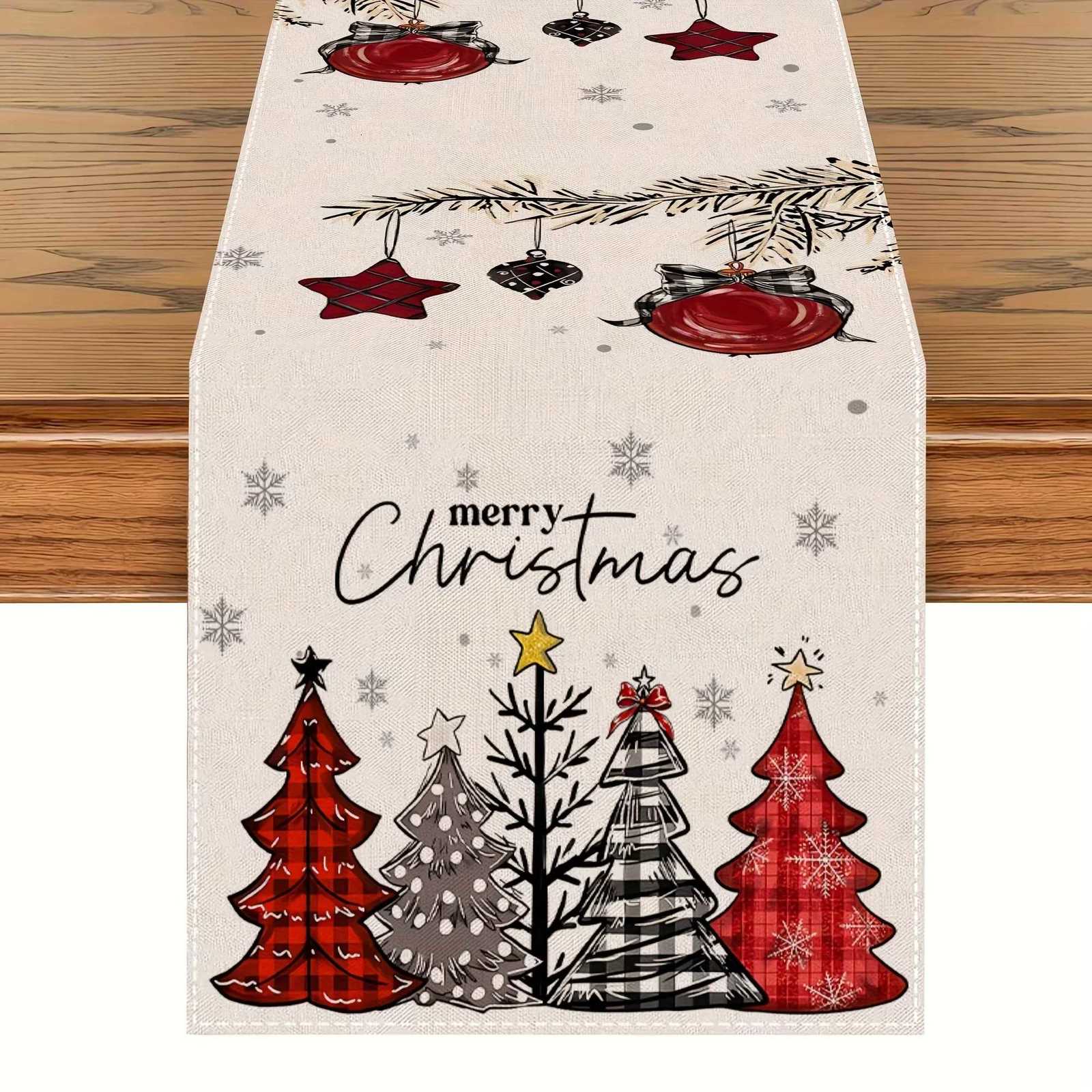 Christmas Plaid Tree Ornament Table Runner Merry Christmas Snowflake Design He Decor Holiday Party Dining Table Accent Festive H251110-image-1083976083