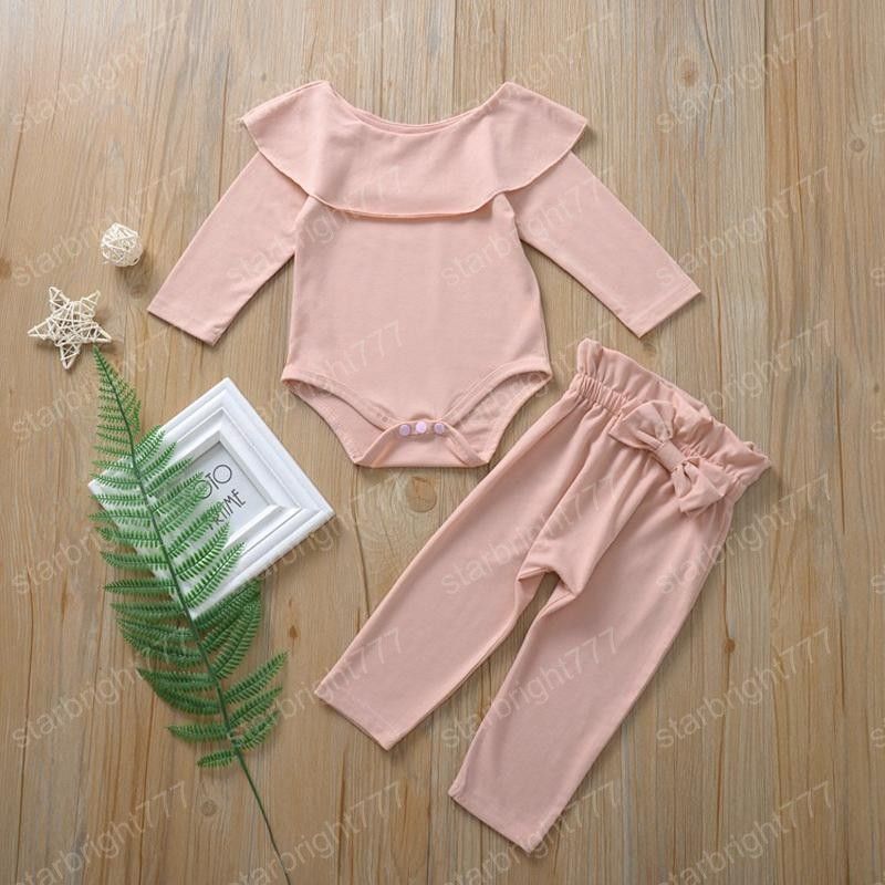 w668 Baby Girls Clothing Set Ruffled Rompers Long Sleeve Kids Designer Clothes Girls Elastic Waist Pants Candy Color 2 Pcs Suit 0-3T-image-1083966097
