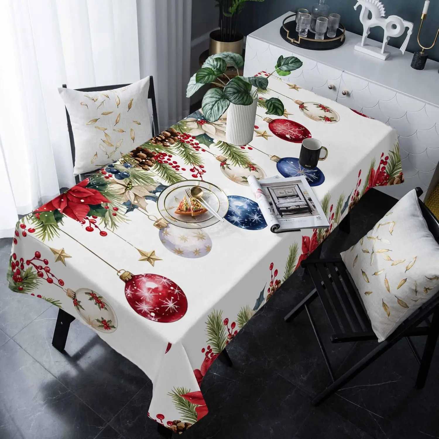 Christmas Poinsettia Berry Xmas Ball Waterproof Tablecloth for Table Decor Winter Kitchen Dining Tablecloth Christmas Decoration H251110-image-1083976428