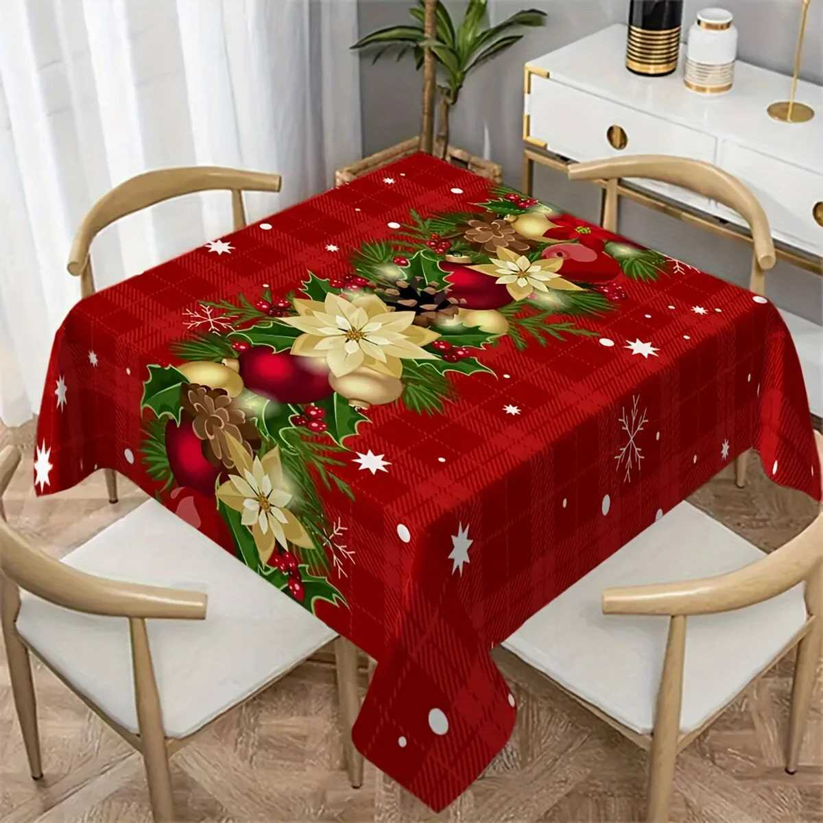 Christmas Poinsettias Snowflakes Tablecloth for Table Decor Winter Xmas Pinecone Kitchen Dining Table Cloth Christmas Decoration H251110-image-1083977277