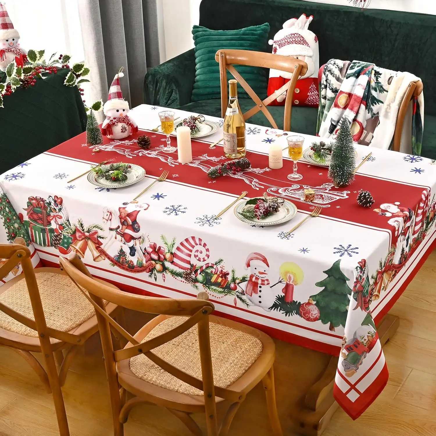 Santa Claus Snowman Red Tablecloths Party Decor Winter Xmas Pine Needle Table Cover Dining Table Decor Navidad Decorations 2025 H251110-image-1083976515