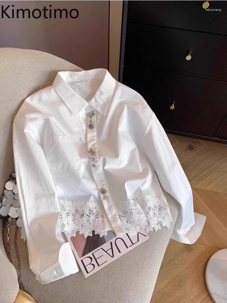 Blouses Femmes Kimotimo Blanc Dentelle Épissé Bouton Décoration Chemise Femmes Français Doux Revers Manches Longues Chemisier Court Printemps Aut