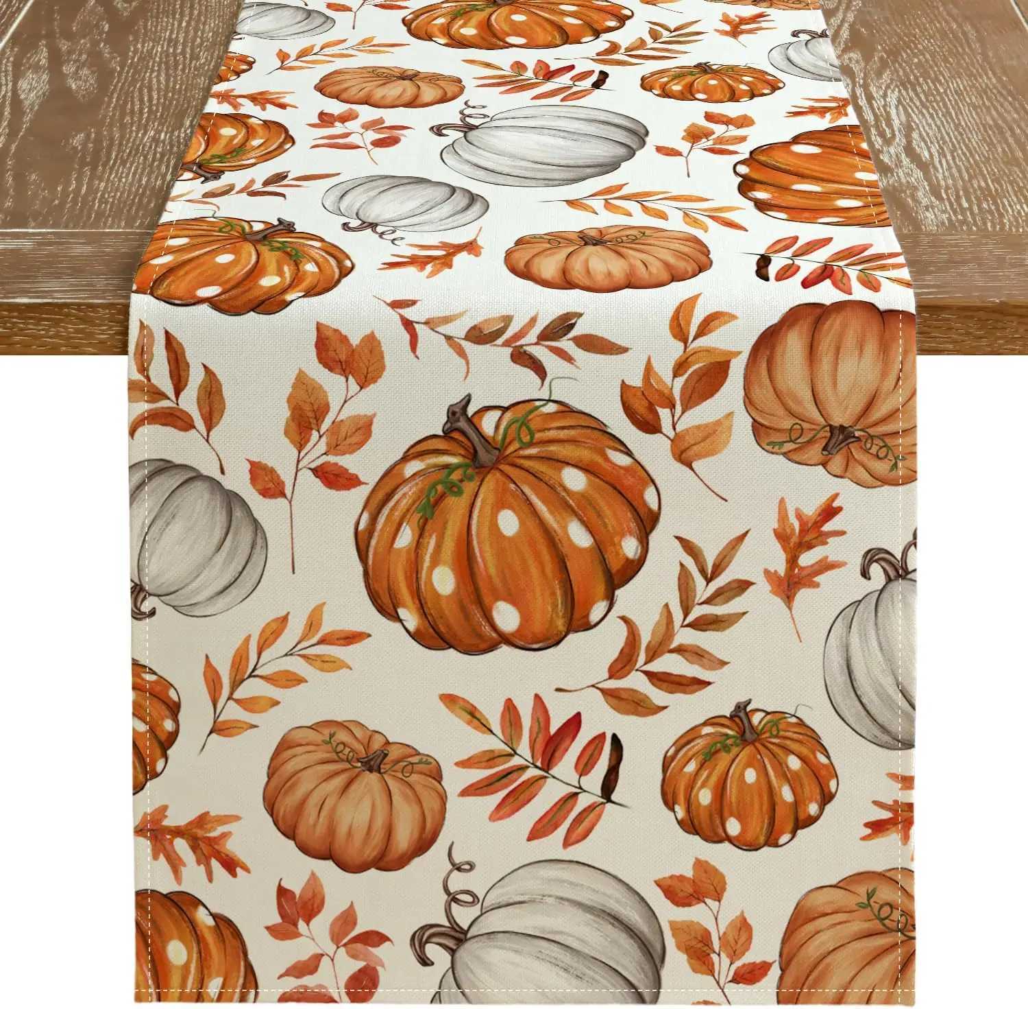 Fall Linen Table Runner Pumpkin Maple Leaves Orange Autumn Seasonal Farmhouse Indoor Kitchen He Table Party Decorations H251110-image-1083975676