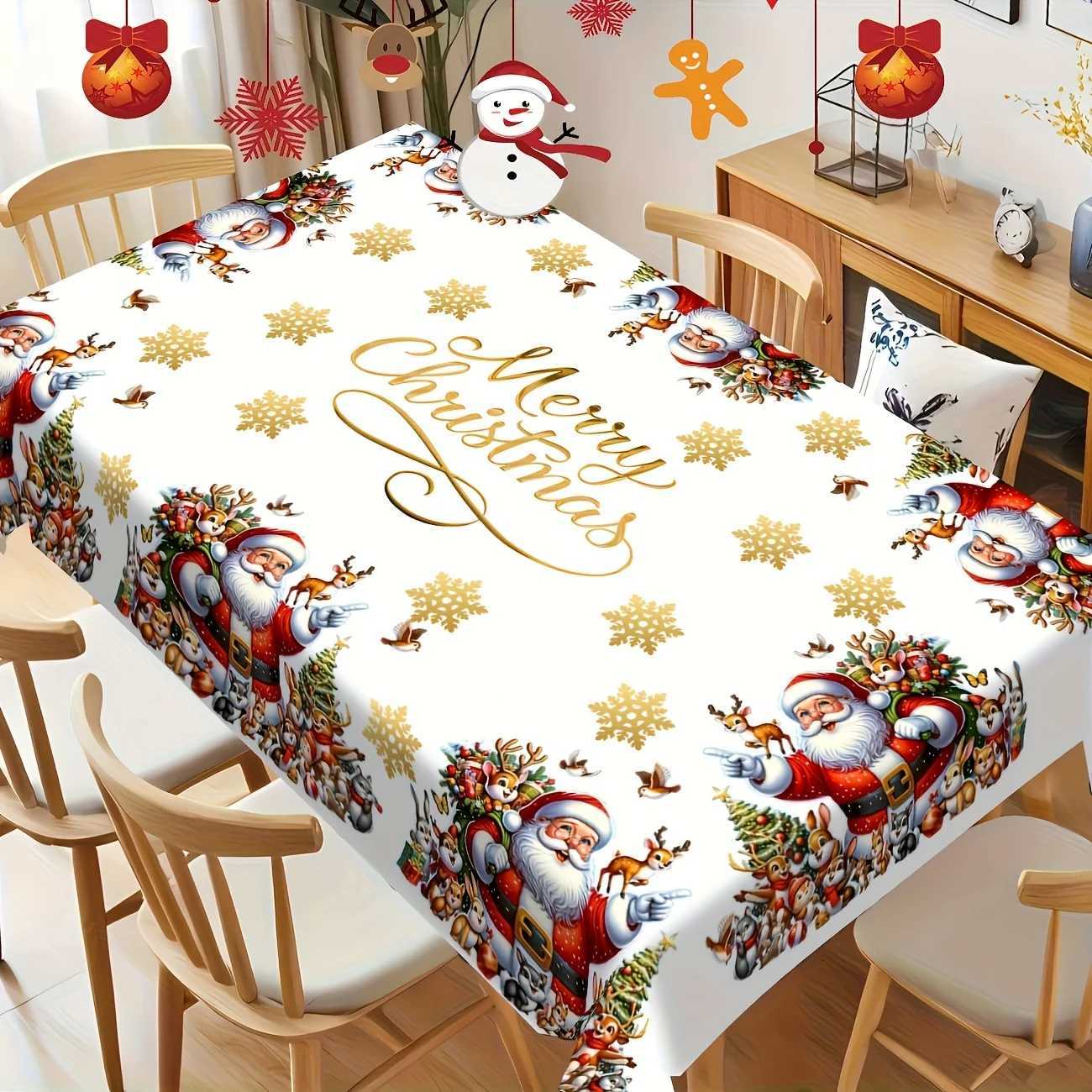 Merry Christmas Themed Santa Claus Snowflakes Tablecloth for Table Decor Winter Xmas Reindeer Table Cloth Christmas Decorations H251110-image-1083978996