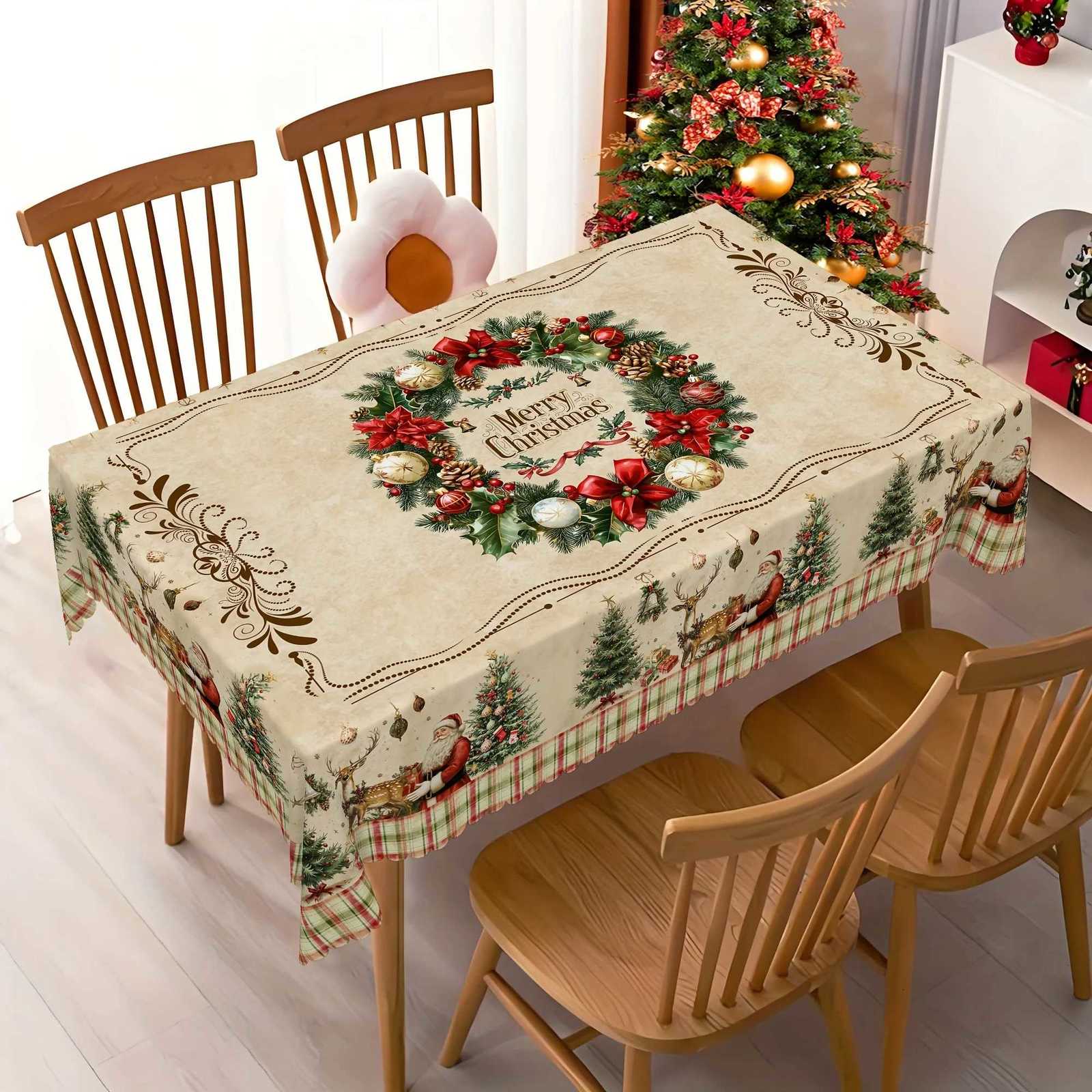 Christmas Santa Reindeer Red Ribbon Bow Waterproof Tablecloth Table Decor Winter Xmas Kitchen Dining Tablecloth Xmas Decorations H251110-image-1083977333