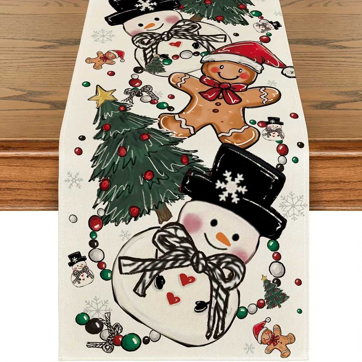 Christmas Snowman Table Runner Polter With Festive Snowman Gingerbread Man Christmas Tree And Ornament Patterns Table Decor H251110-image-1083975770