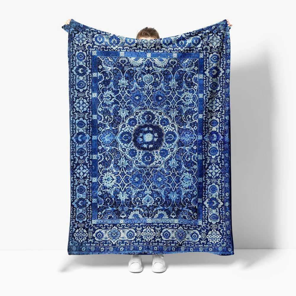 Intricate Vintage Persian Style Blue Floral Decorative Rug Carpet Throw Blanket for Home Living Room Bedroom DecorationW251107-image-1083906868