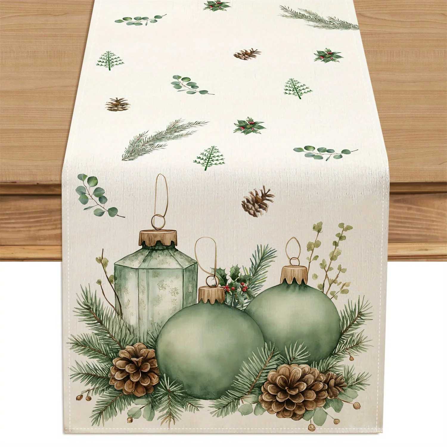 Festive Christmas Table Runner Pine Branches Holly and Blue Pinecones Holiday Decor Kitchen Dining Table Decoration He Party H251110-image-1083975500