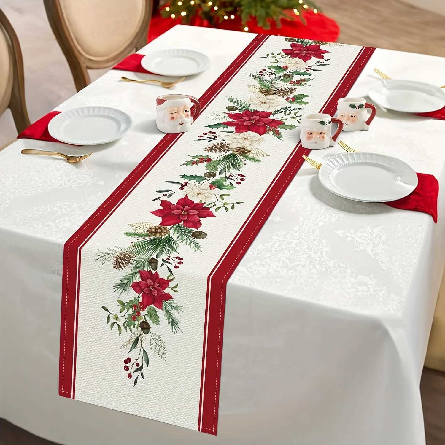 Merry Christmas Poinsettia Flower Linen Table Runner Party Decor Winter Xmas Pinecone Dining Table Runners Christmas Decorations H251110-image-1083975903
