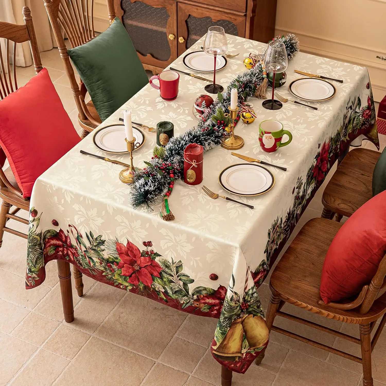 Christmas Poinsettia Pine Needle Holly Waterproof Tablecloth Table Decor Winter Holiday Kitchen Dining Tablecloth Xmas Decor H251110-image-1083977180
