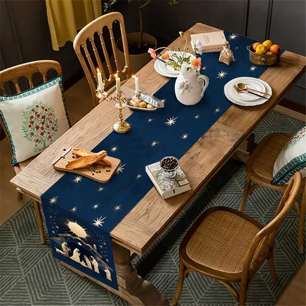 1pc Autumn Holiday Christmas Nativity Table Runner with Starry Sky Holy Figures Unique Gift for He Dining H251110-image-1083975790