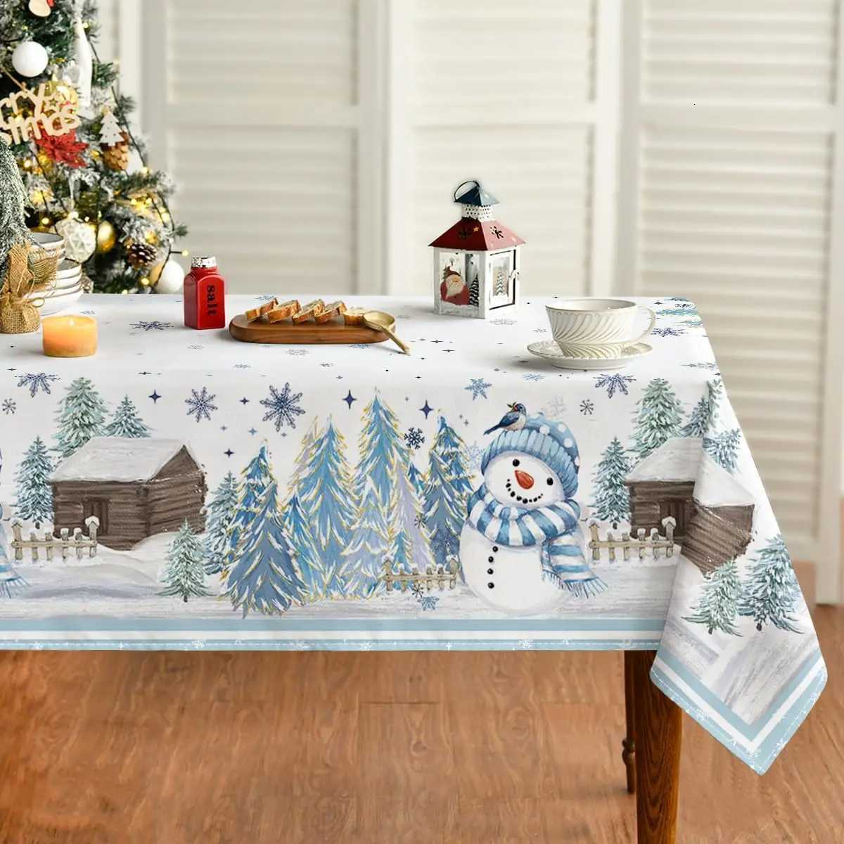 Christmas Snowman Pine Snow Waterproof Tablecloth Table Decor Winter Xmas Holiday Kitchen Dining Tablecloth Christmas Decoration H251110-image-1083979011