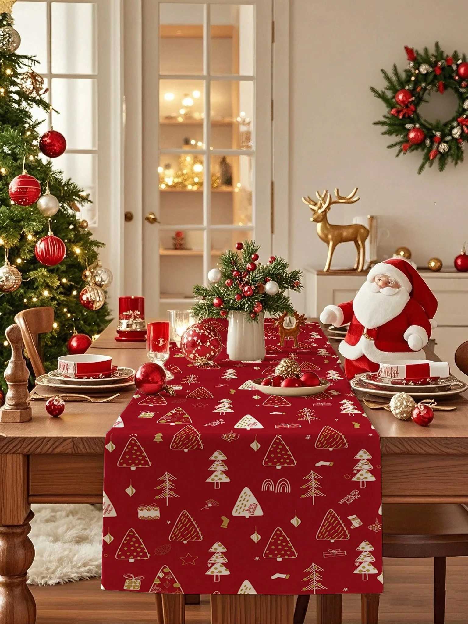 1pc Christmas Tree Themed Table Runner Red Festive Pattern Chic He Accent Gift for Christmas Perfect for Holiday Table H251110-image-1083976287