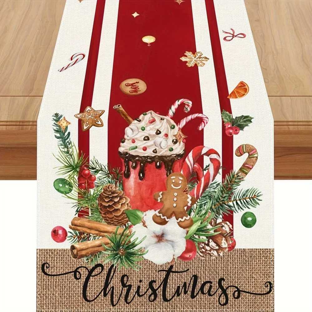 1pc Festive Red Gingerbread Christmas Table Runner - Holiday Decor with Gingerbread Men Candy Canes Hot Chocolate Design H251110-image-1083976127