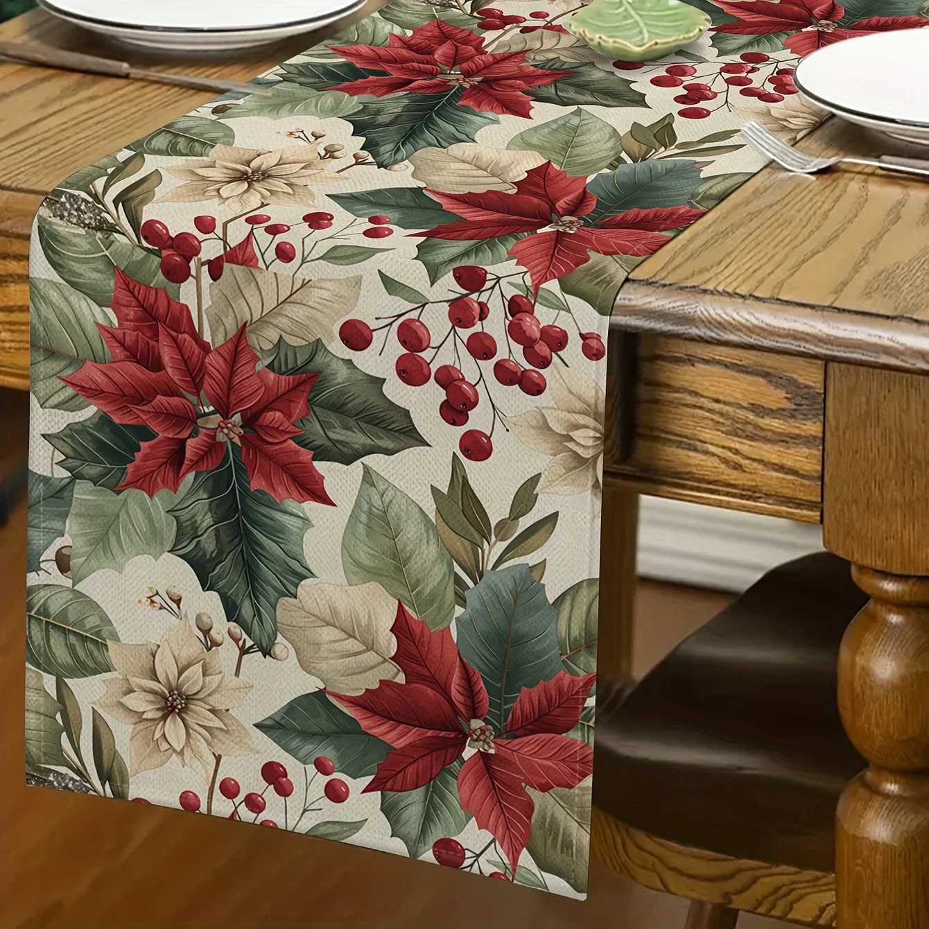 Christmas Poinsettia Table Runner Polter Floral Pattern Xmas Dinner Decor Tabletop Holiday Warm Vibe Quality Assured H251110-image-1083976289