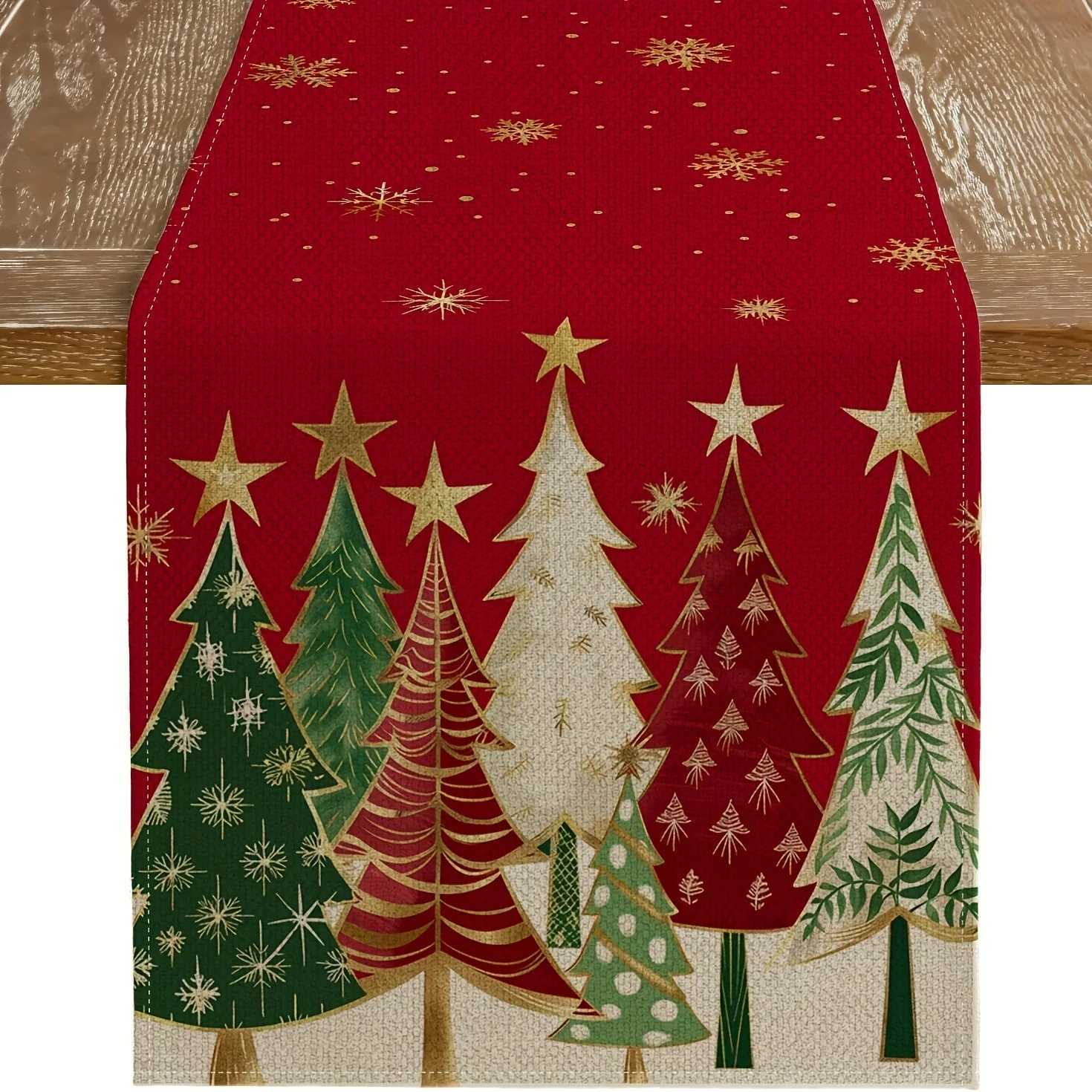 Christmas Table Runner Rectangar Festive Table Decoration Red Christmas Trees and Snowflakes Design for Holiday Tablecloth H251110-image-1083976490