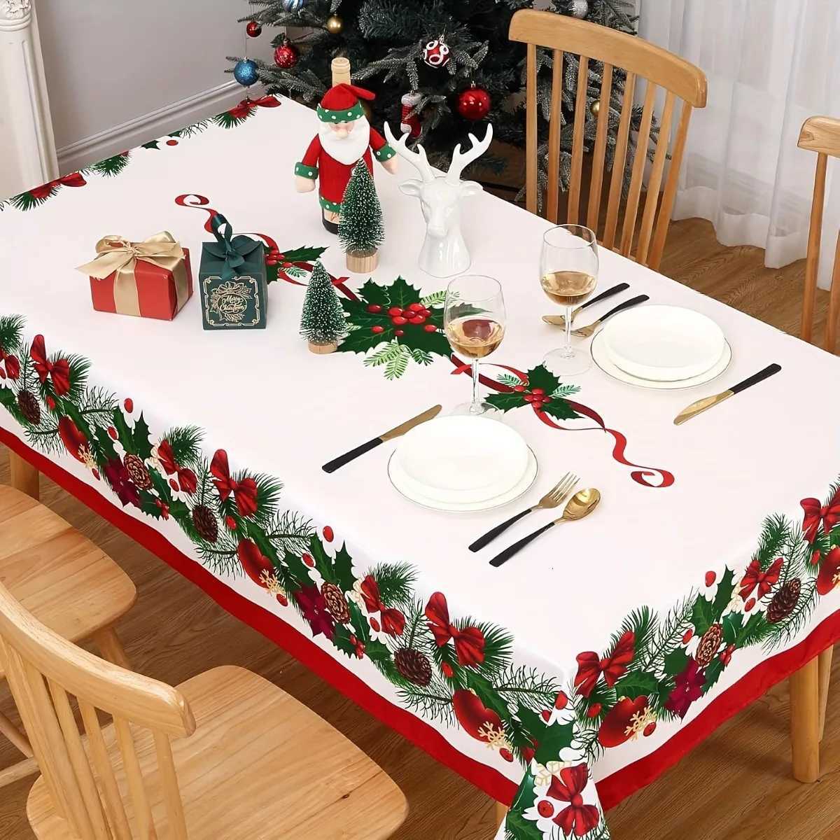 Merry Christmas Holly Pine Cone Tablecloth for Table Decor Washable Winter Xmas Kitchen Dining Table Cloth Christmas Decoration H251110-image-1083977222