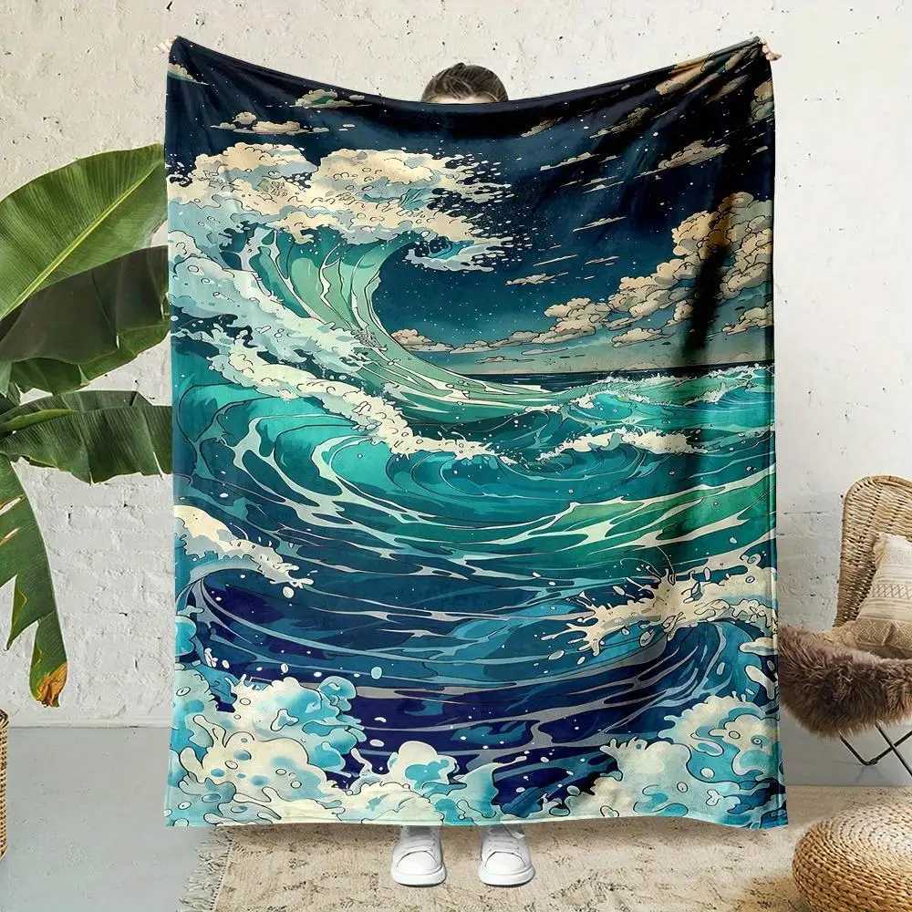 Japanese-Inspired Hokusai Wave Print Flannel Blanket - Reversible All-Season Soft Bedspread Turquoise Navy Blue OceanW251107-image-1083903043
