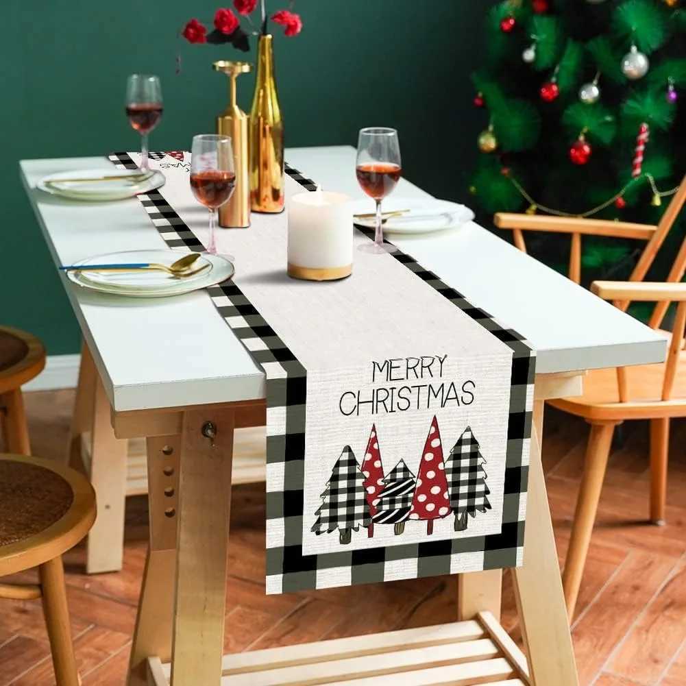 Festive Merry Christmas Checkered Tree-Patter table flag for Your Christmas Dining New Year he party decoration H251110-image-1083976806