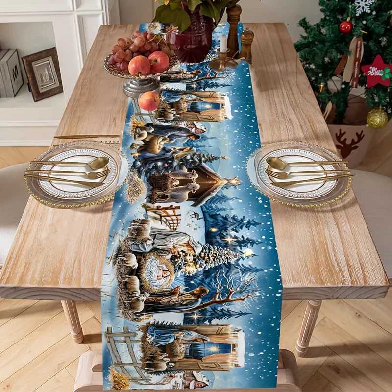 1pc Autumn Christmas Nativity Scene Table Runner Snowy Religious Print Decor Ideal Gift for Holiday Dinner Decor H251110-image-1083976008