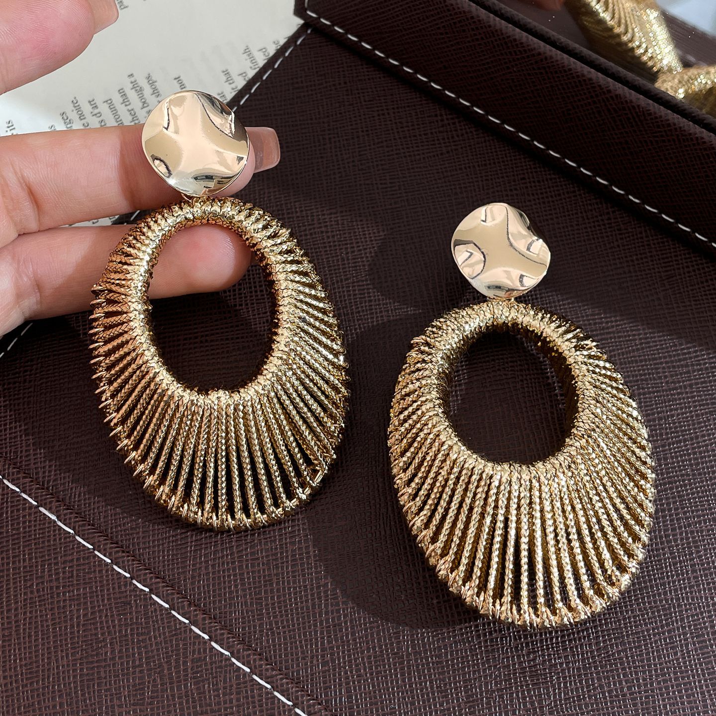 Silver Needle Velvet Woven Hollow Oval Pendant European and American Style Unique Niche Design Earrings for Women-image-1084213877