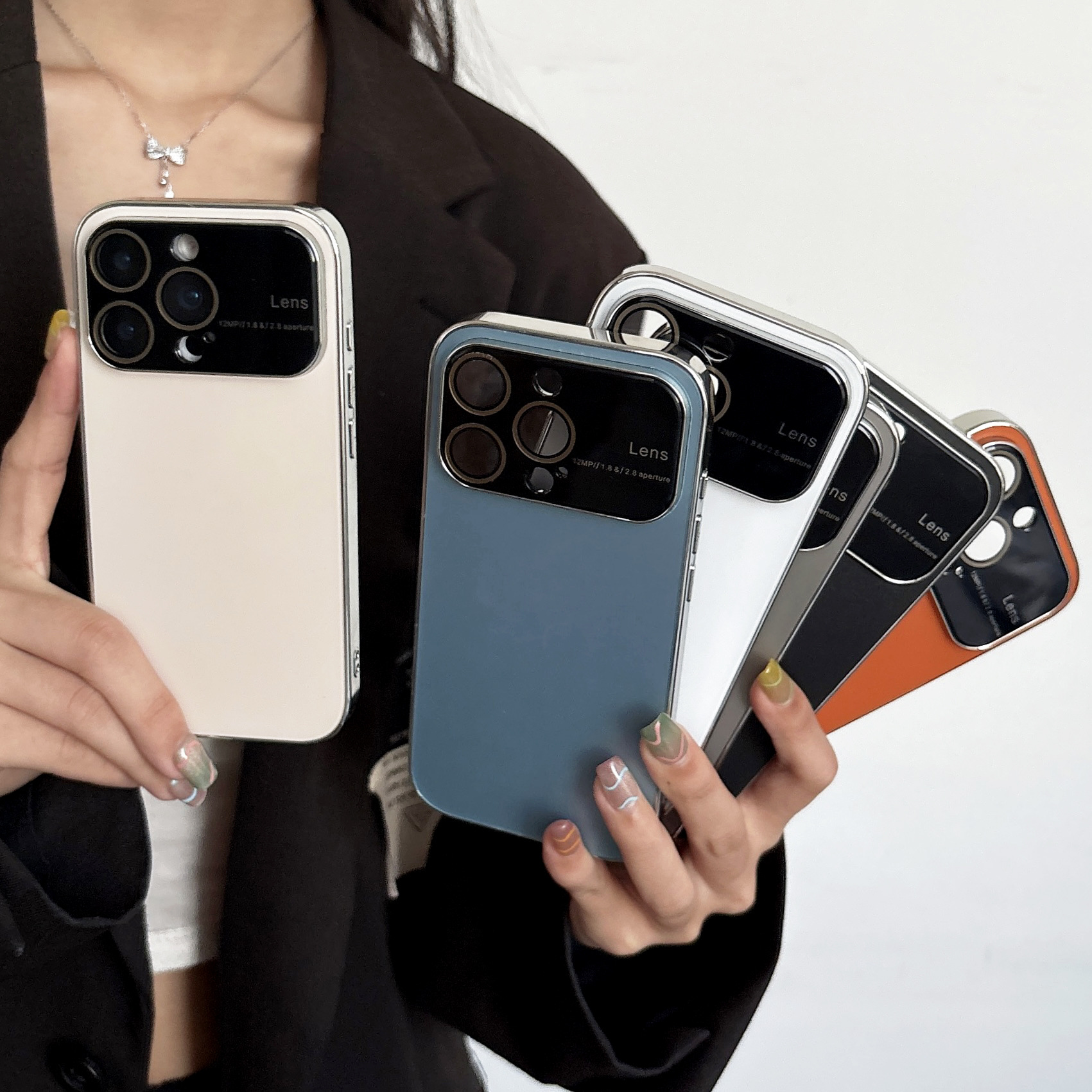 Official Orange Vegan Leather Phone Cases for iPhone 11-17 Pro Max Plus - Large Window Bumper Cover with Glass Protection H260305-image-1096537848