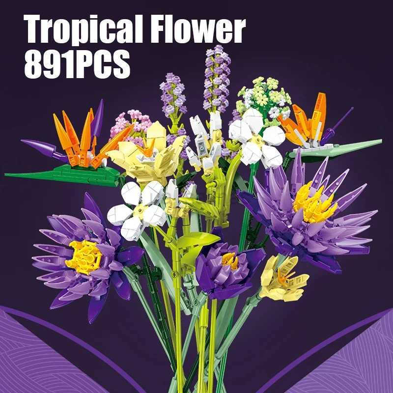 891PCS Tropical Flower Bouquet Building Blocks Toys He Decor Ornament DIY Plant Assembly Sets Bricks Toys Creative Gift C251110-image-1084047431