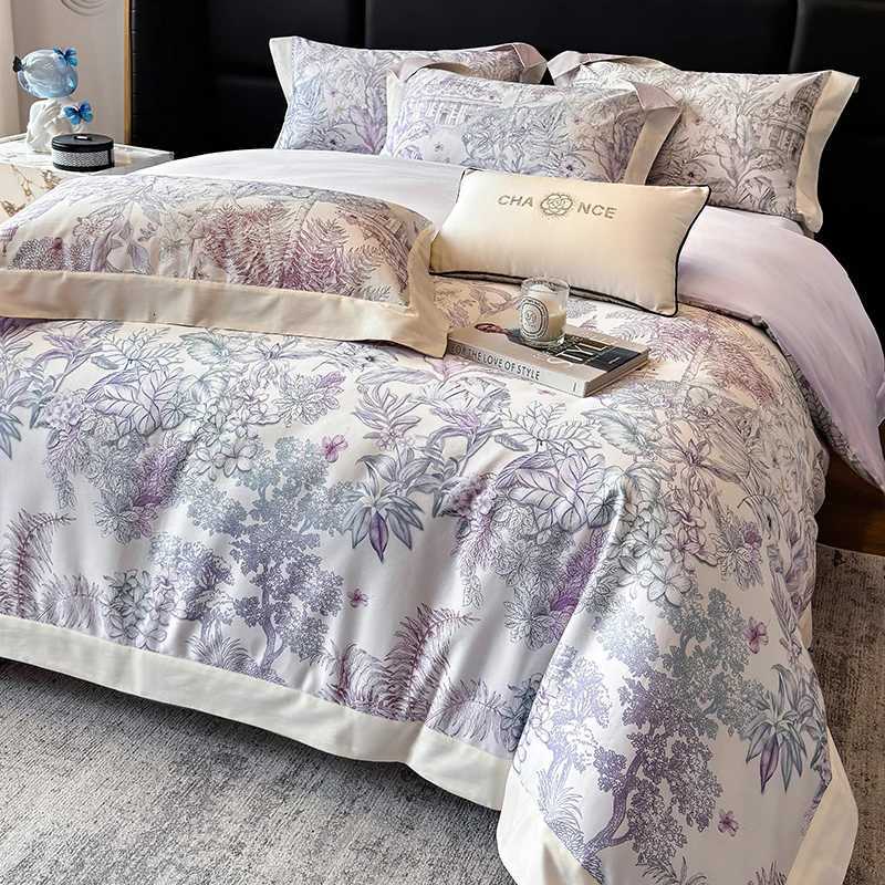 600TC Egyptian Cotton Plant Prints Vintage Oil Painting Style Luxury Bedding Set Duvet Cover Flat/Fitted Sheet cases 4Pcs H251111-image-1084142338
