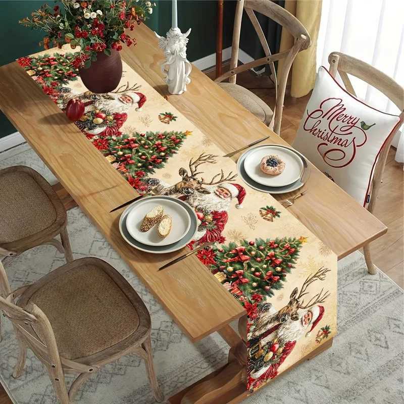 Vintage Christmas Table Runner Retro Santa Claus Table Cover Christmas Decorations For Home 2025 Navidad Noel Gift New Year 2026M251111-image-1084133145