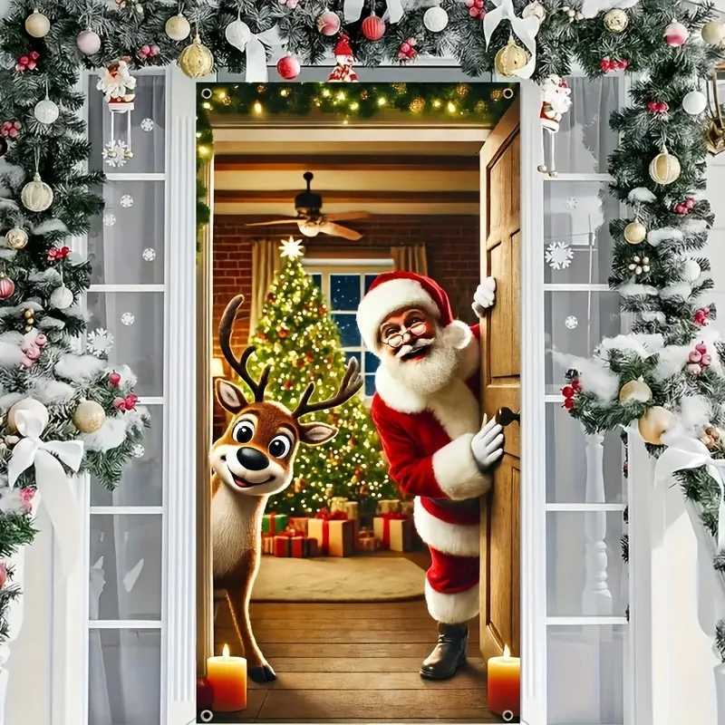 Winter Santa Claus Christmas Deer Door Cover Decoration Hanging Door Banner Winter Cute Outdoor Xmas Backdrop ChristmasM251111-image-1084134829