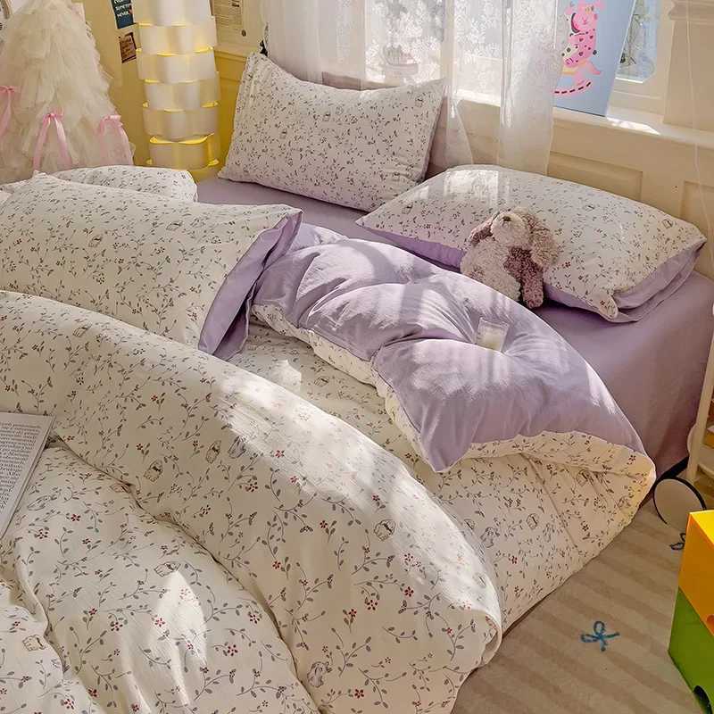 Ins Style Floral Bedding Set Single Full Queen Size Purple Duvet Cover Washed Cotton Home Bedding Boys Adults Bedclothes H251111-image-1084169545