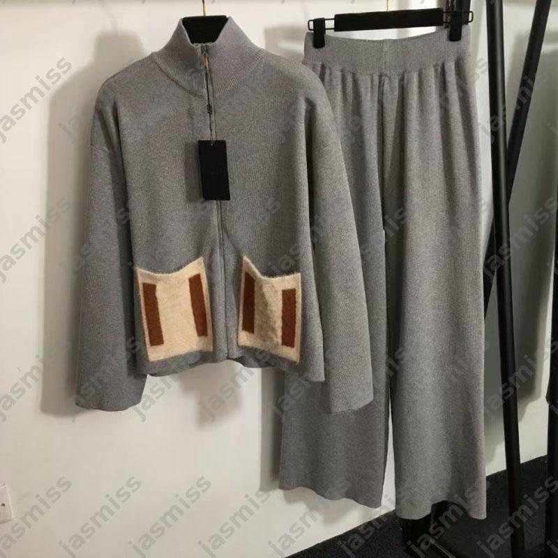 Designer tricoté Cardigan sweat-shirt deux pièces ensembles femmes luxe lettre vestes hauts à manches longues veste zippée pantalon ample ensembl