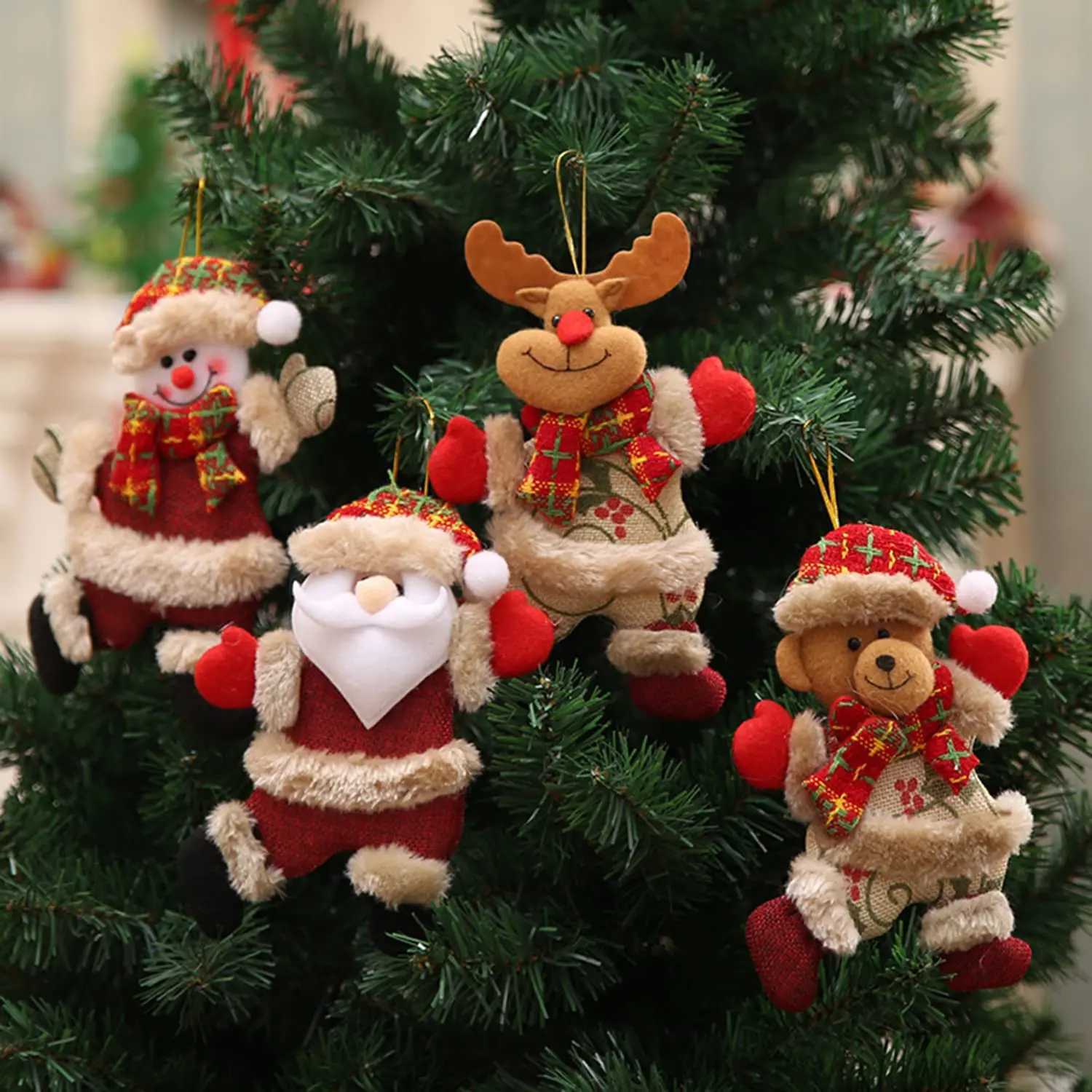 4pcs Christmas Tree Ornaments Plush Hanging Ornaments Decorations Santa Snowman Elk Bear for Kids Room Window Pendant PartyM251111-image-1084131124