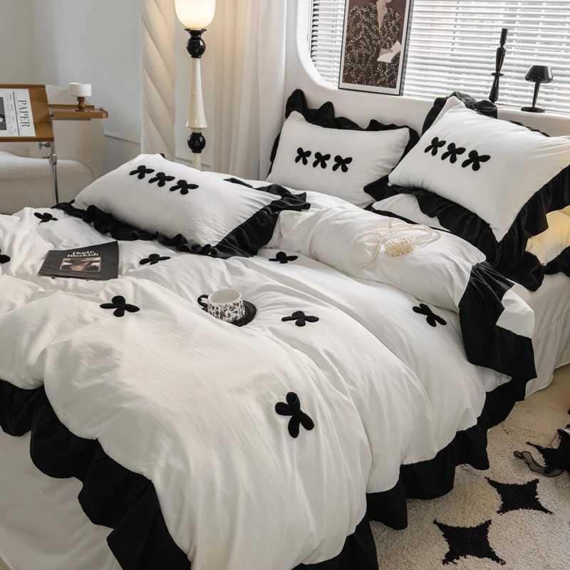 Hepburn French Style Bedding Set For adults kids 100 Washed cotton Flat fitted Sheet set With cases Colorful Full size H251111-image-1084143040